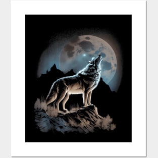Wolf Lookout Full Moon on Mountain Posters and Art